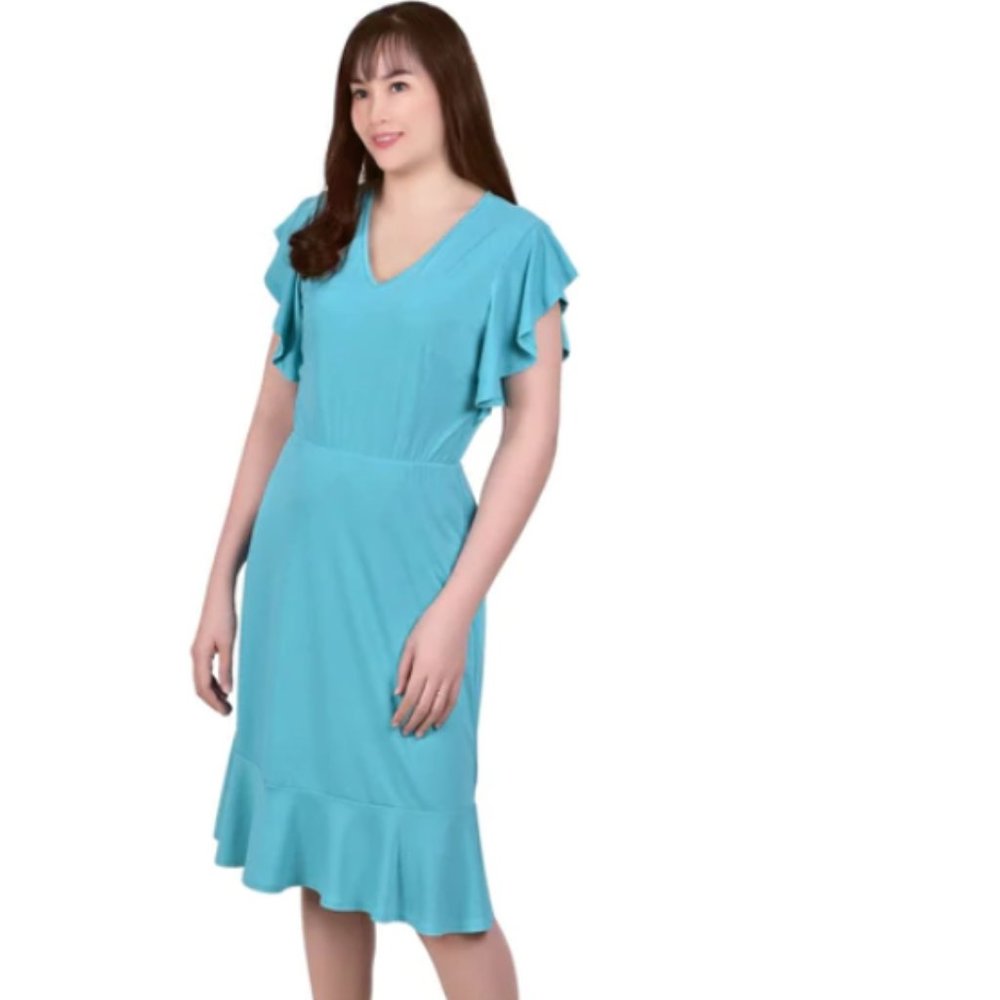 NY COLLECTION SHORT FLUTTER SLEEVE KNIT CREPE DRESS